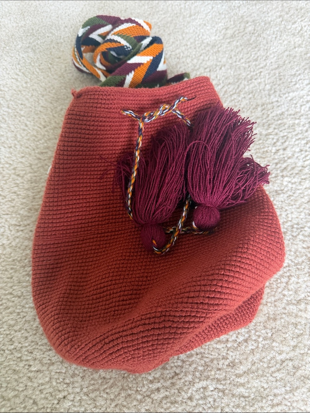 Handwoven Rust Red Bucket Bag with Burgundy Tassels